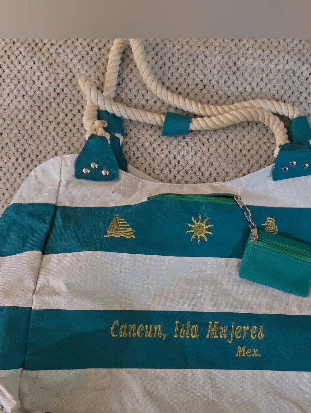 Striped Teal and White Rope-Handle Weekender/ Beach Tote